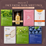 BIOAQUA Pack of 7 face facial mask sheet pack with green tea, vitamin C, rice, kiwi, blueberry, niacinamide and gold hyaluronic acid masks