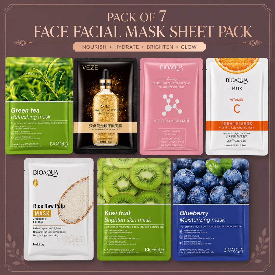 BIOAQUA Pack of 7 face facial mask sheet pack with green tea, vitamin C, rice, kiwi, blueberry, niacinamide and gold hyaluronic acid masks