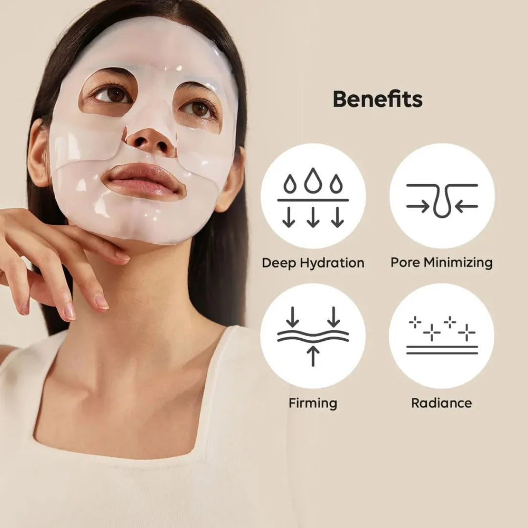 Model wearing Biodance Bio Collagen Real Deep hydrogel sheet mask for intensive hydration