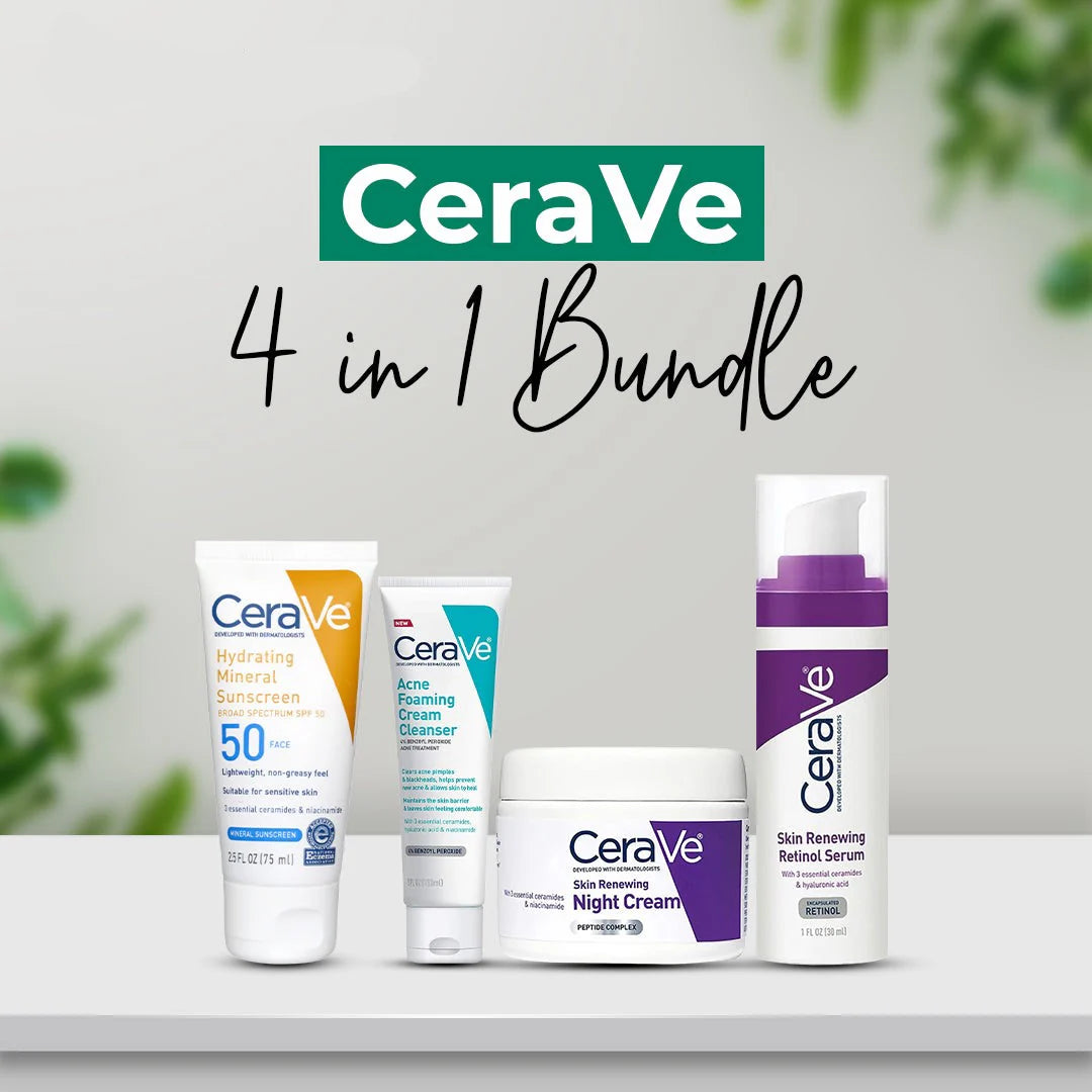 CeraVe 4 in 1 skincare kit with acne cleanser sunscreen retinol serum and night cream