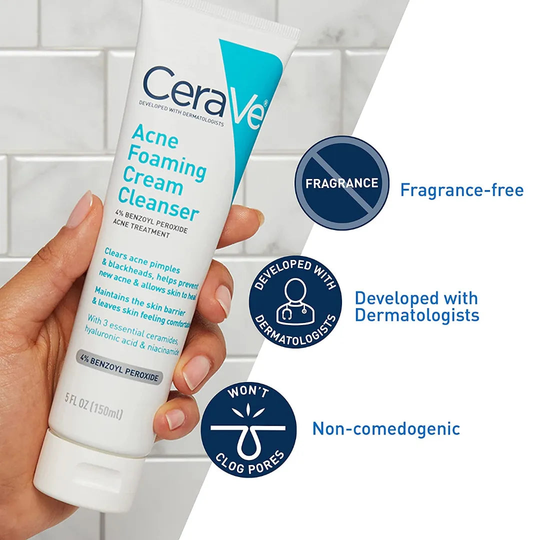 CeraVe Acne Foaming Cream Cleanser fragrance free non comedogenic face wash for acne prone skin