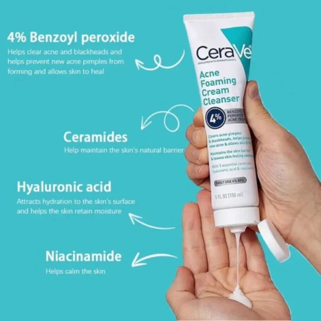 CeraVe Acne Foaming Cream Cleanser with 4% benzoyl peroxide, ceramides, hyaluronic acid and niacinamide for acne prone skin