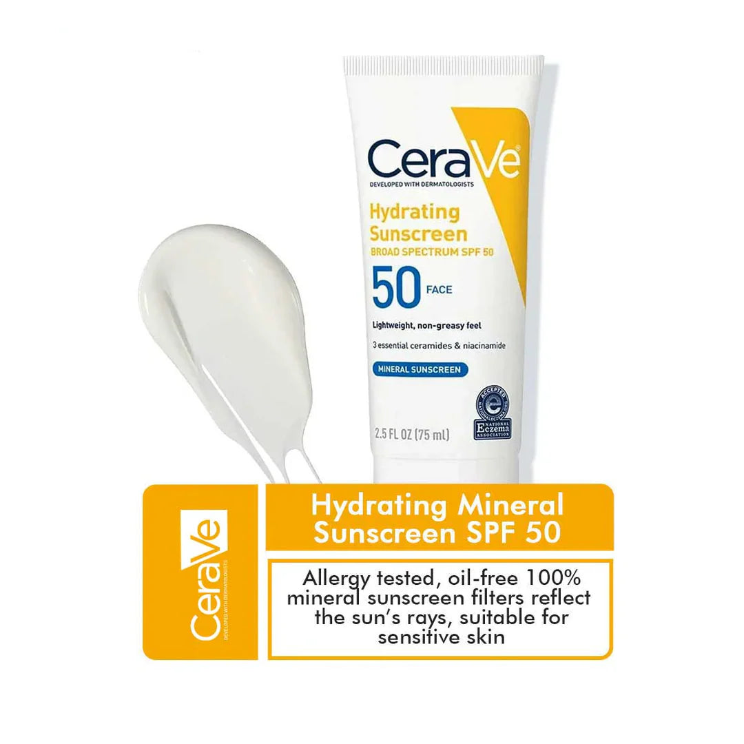 CeraVe Hydrating Mineral Sunscreen SPF 50 lightweight face sunscreen for sensitive skin