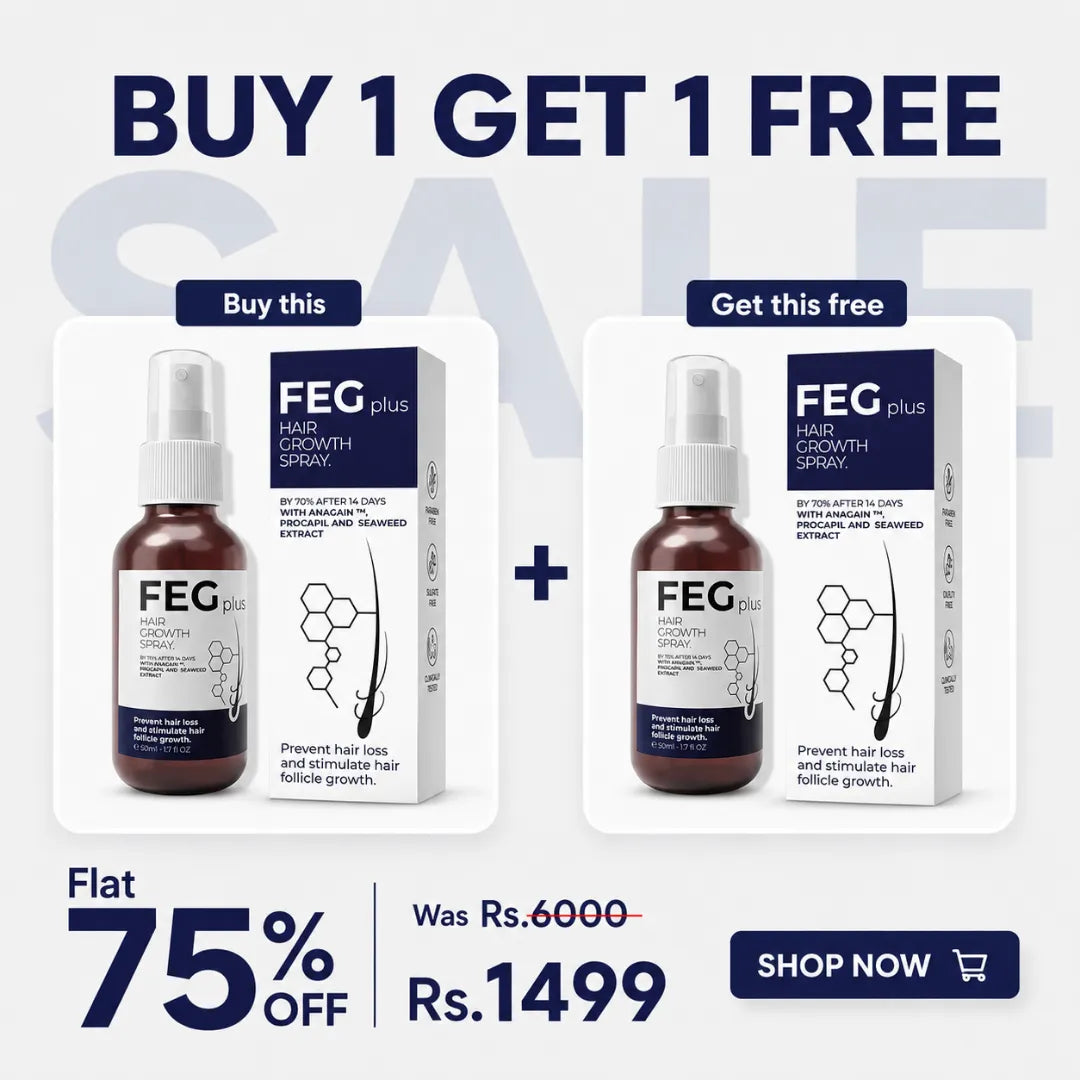 FEG Plus Hair Growth Spray Buy 1 Get 1 FREE offer with two 50ml bottles and retail packaging