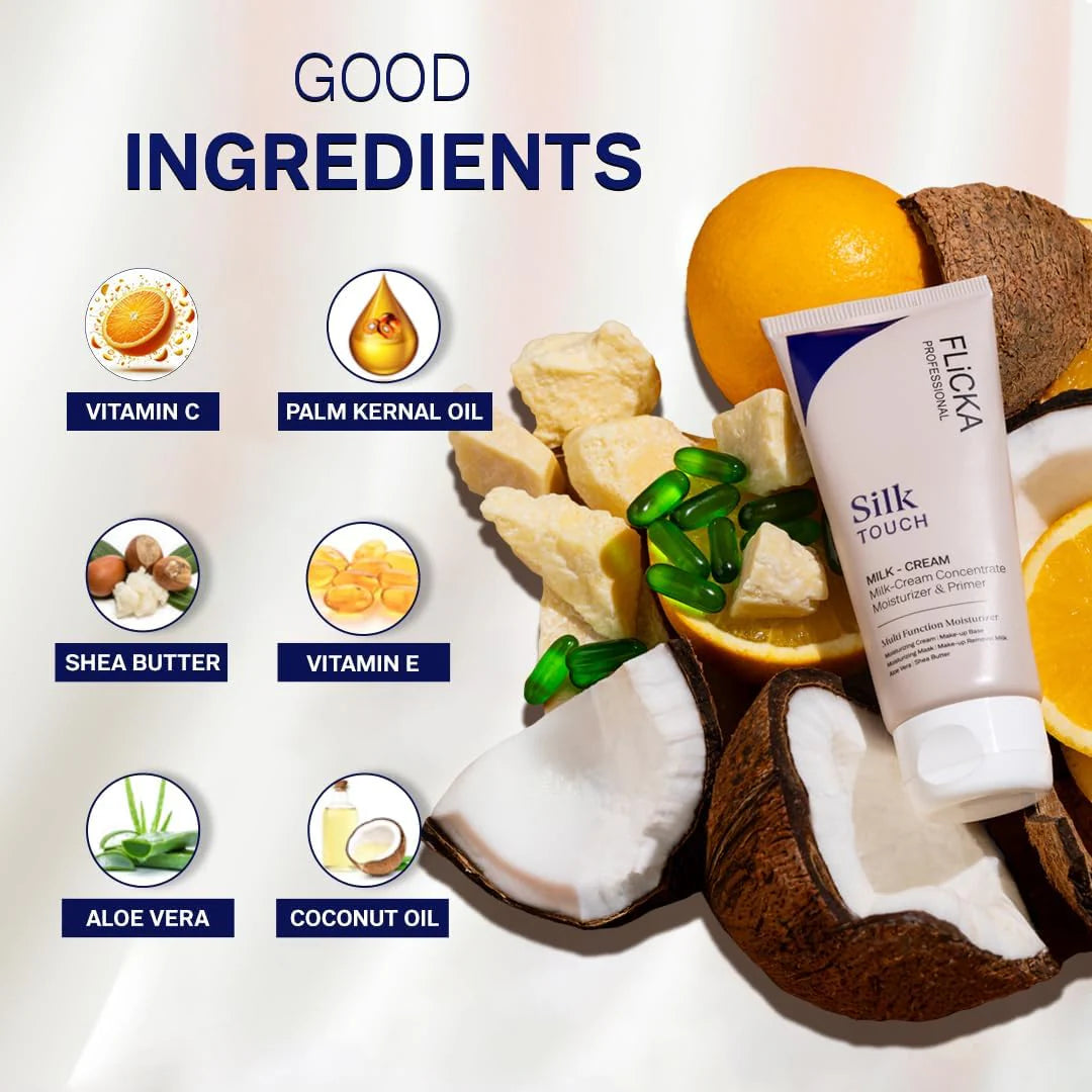 Flicka Silk Touch cream with ingredients like vitamin C, palm kernel oil, shea butter, vitamin E, aloe vera, and coconut oil.