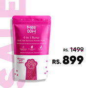 Mee Oom Gold 4 in 1 Rose Body Hair Removal Powder Mask in a pink and white resealable pouch, shown alongside promotional pricing text on a white background with a faint pink graphic.