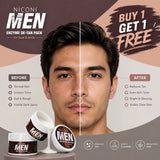 Before and after results of NICONI MEN Enzyme De-Tan Pack showing reduced tan brighter and clearer skin for men