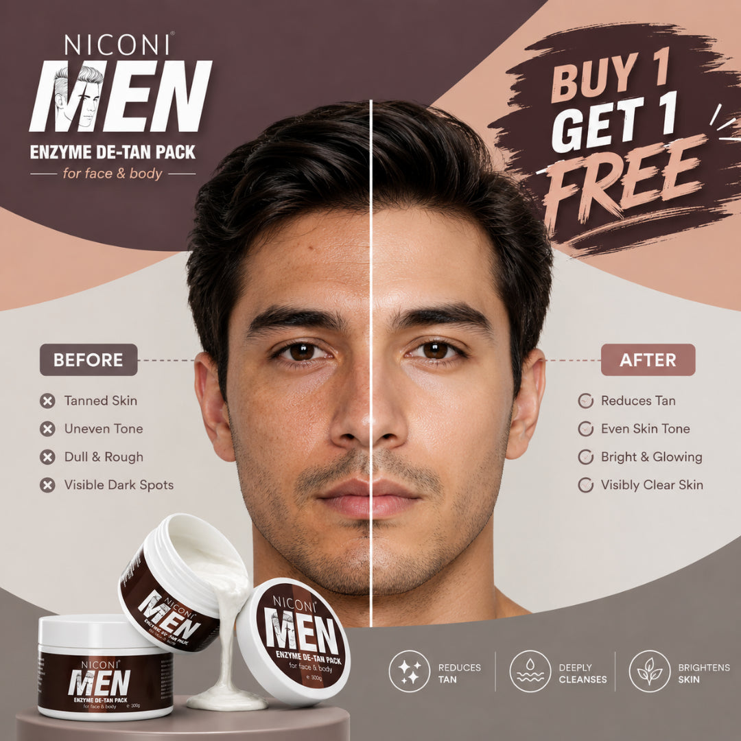 Before and after results of NICONI MEN Enzyme De-Tan Pack showing reduced tan brighter and clearer skin for men