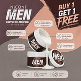 NICONI MEN Enzyme De-Tan Pack benefits image showing tan removal brightening and deep cleansing for men