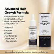 ProSkire Advanced Hair Growth Formula featuring Redensyl, Anagain, Procapil, Capilia Longa, Biotin, Ashwagandha and Amla to help reduce hair fall, strengthen roots and improve hair density