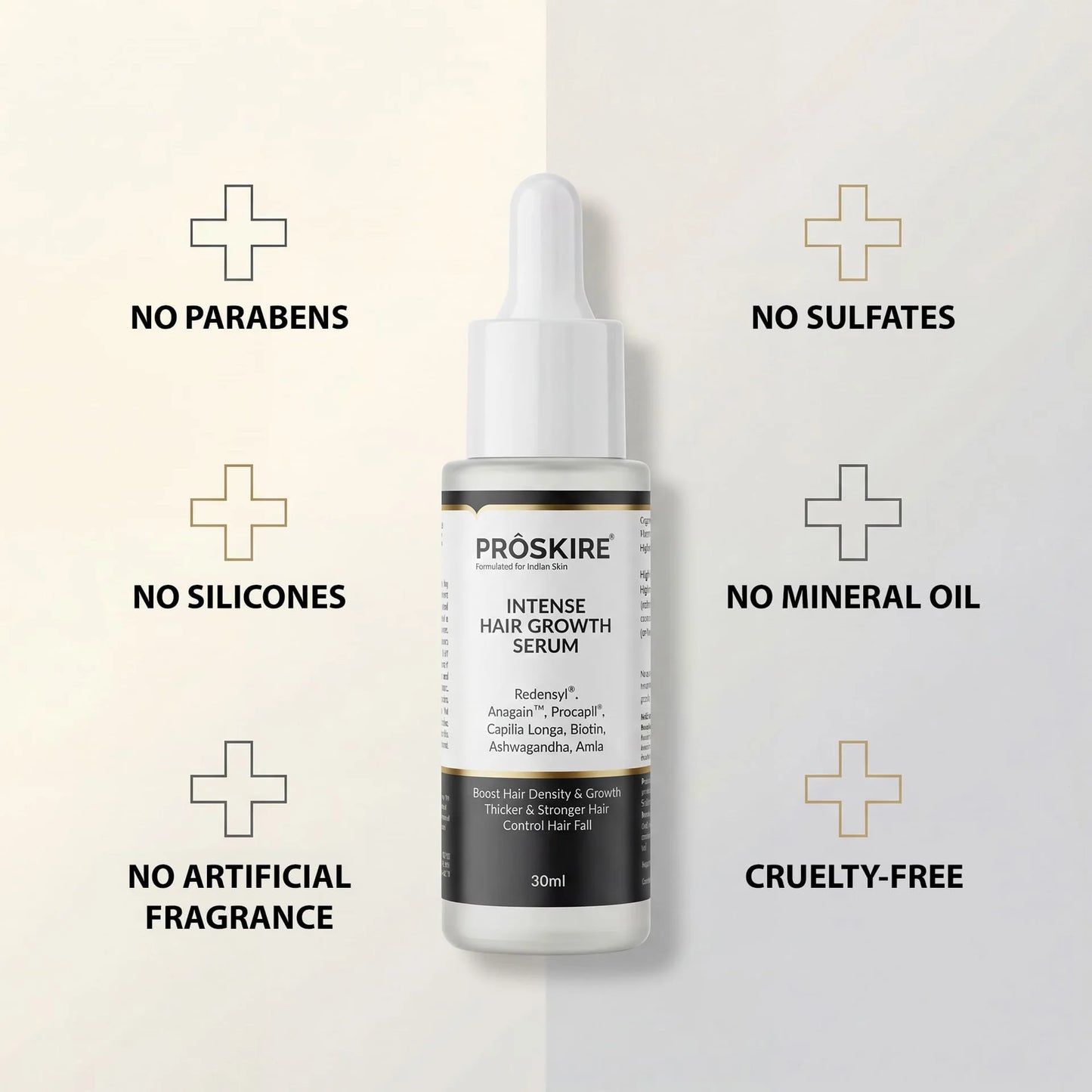 ProSkire Intense Hair Growth Serum clean formula free from parabens, sulfates, silicones, mineral oil and artificial fragrance, cruelty-free hair growth serum for healthier, stronger-looking hair