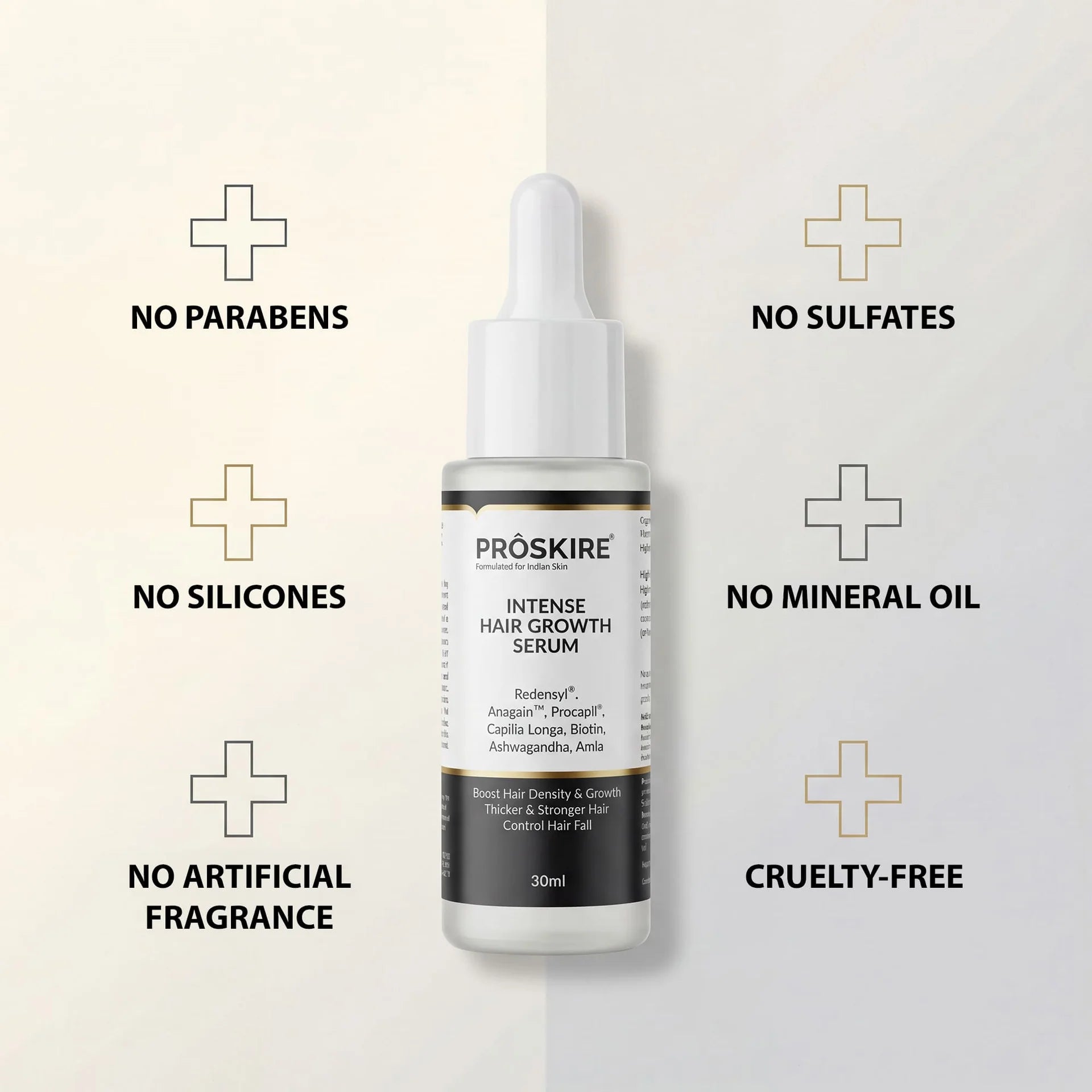 ProSkire Intense Hair Growth Serum clean formula free from parabens, sulfates, silicones, mineral oil and artificial fragrance, cruelty-free hair growth serum for healthier, stronger-looking hair