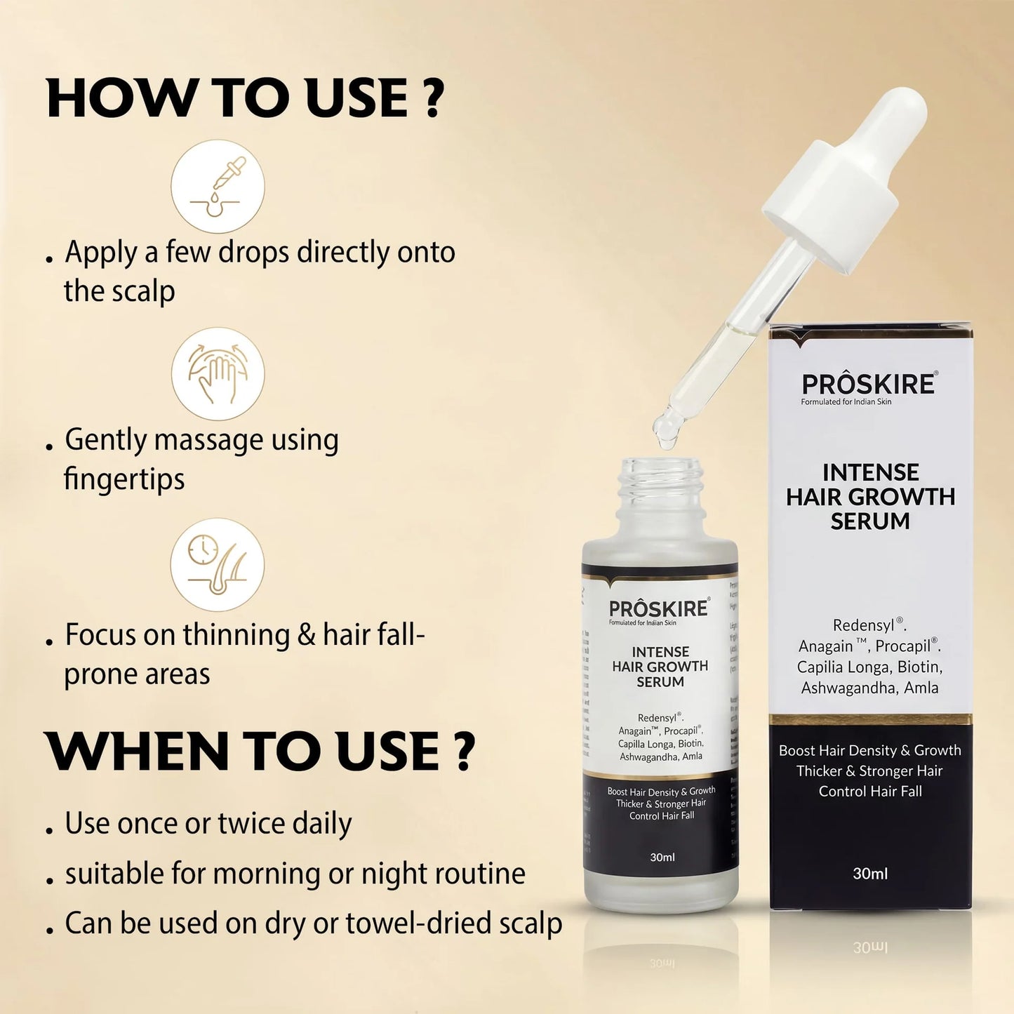 How to use ProSkire Intense Hair Growth Serum by applying directly to the scalp, gently massaging into thinning areas, and using once or twice daily for best results