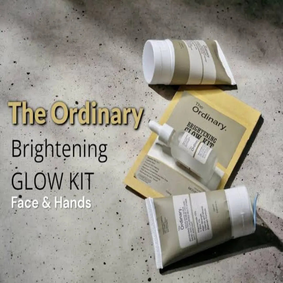 The Ordinary Brightening Glow Kit flat lay skincare set with serum cleanser and moisturizing cream for glowing skin