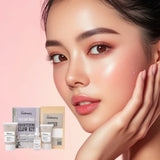 Model with glowing skin promoting The Ordinary Brightening Glow Kit for radiant face care and hydration