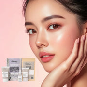 Model with glowing skin promoting The Ordinary Brightening Glow Kit for radiant face care and hydration