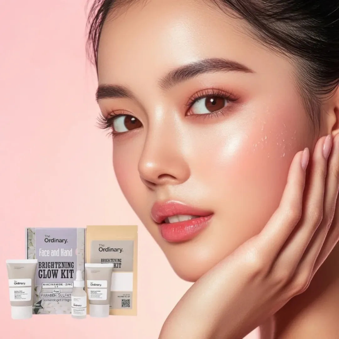 Model with glowing skin promoting The Ordinary Brightening Glow Kit for radiant face care and hydration