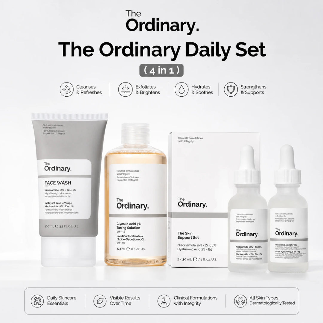 The Ordinary Daily Set 4 in 1 skincare kit with face wash glycolic acid toner niacinamide and hyaluronic acid serum