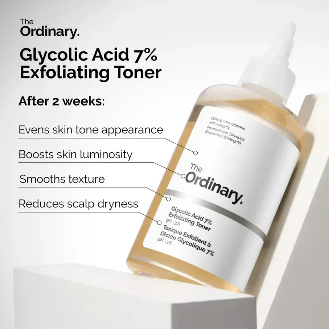 The Ordinary Glycolic Acid 7 Percent Exfoliating Toner skincare benefits for brighter smoother even skin tone