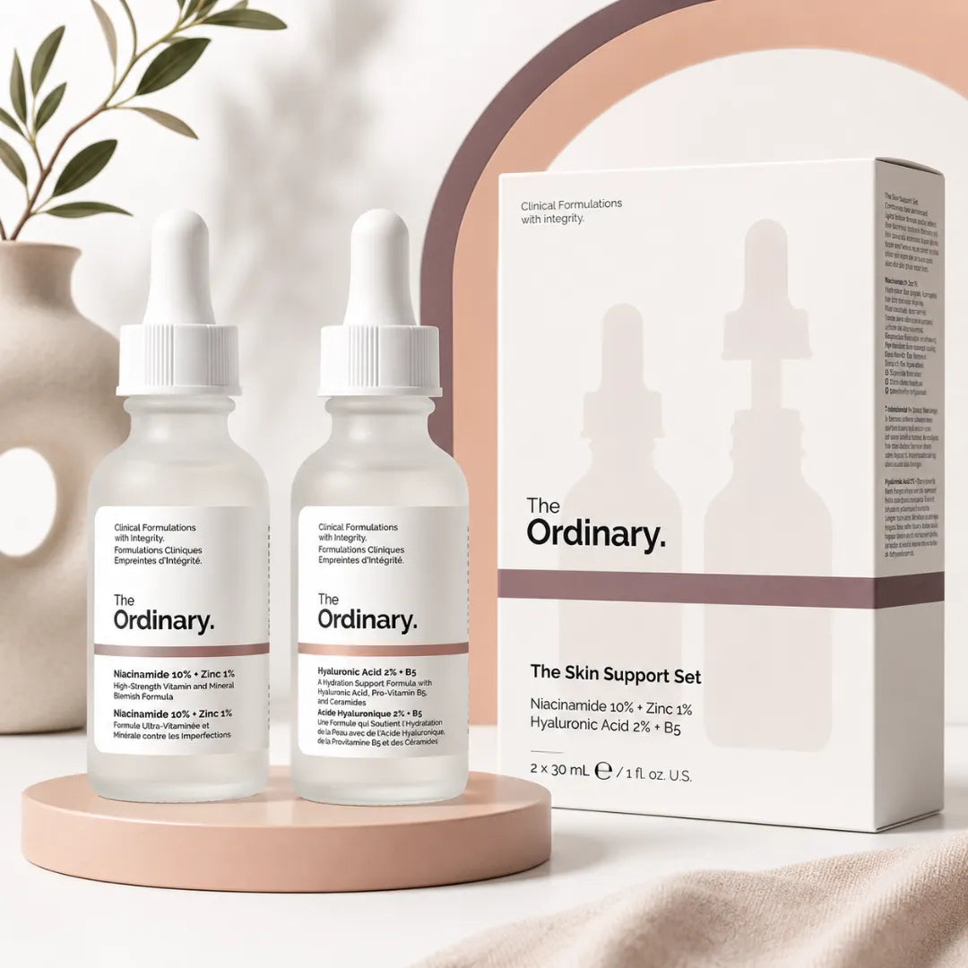 The Ordinary Skin Support Set with Niacinamide 10% Zinc 1% and Hyaluronic Acid 2% B5 skincare serum duo