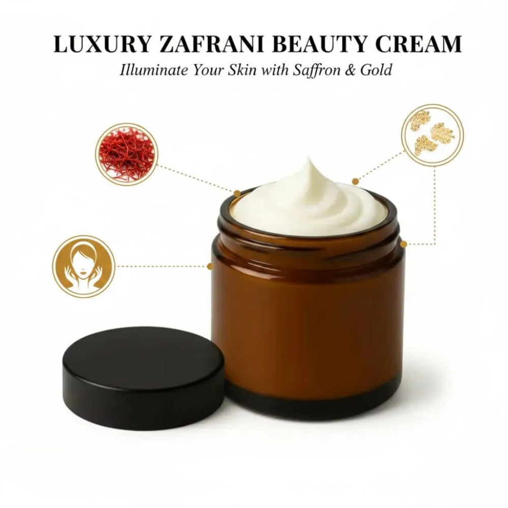 Luxury Zafrani Beauty Cream in an open amber glass jar with a black lid, featuring infographic icons for natural saffron filaments, gold flakes, and skin illumination benefits.