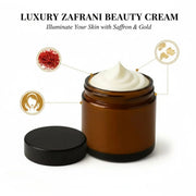 Luxury Zafrani Beauty Cream in an open amber glass jar with a black lid, featuring infographic icons for natural saffron filaments, gold flakes, and skin illumination benefits.